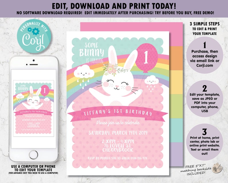 May include: Pink and blue printable invitation for a first birthday party. The invitation features a cartoon bunny with a flower crown and a rainbow. The text on the invitation reads "Some Bunny is Turning 1" and "Tiffany's 1st Birthday".