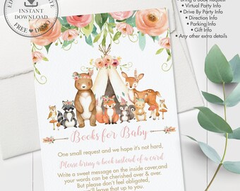 Floral Woodland Animals Bring a Book instead of a Card, EDITABLE TEMPLATE, Boho Tribal Baby Shower Birthday Printable, Extra Info Insert WG5