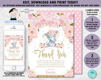 EDITABLE Elephant Birthday Thank You Note Card, 1st Birthday, Watercolor Pink Floral, Gold Glitter, Chic, Whimsical, Elephant Printable, EP5