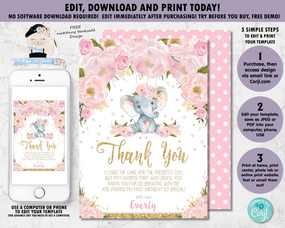 EDITABLE Elephant Birthday Thank You Note Card, 1st Birthday, Watercolor Pink Floral, Gold Glitter, Chic, Whimsical, Elephant Printable, EP5 Il_570xn