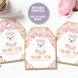 Llama Thank You Tags, EDITABLE TEMPLATE, Instant Download, Llama Baby Shower Labels, Birthday Favor Tag, Blush Pink Floral Gold Glitter, LM1