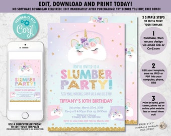 Unicorn Sleepover Invitation,  Unicorn Slumber Party Invite, Pajama Party Printable, Rainbow Unicorn Eye Mask, Digital EDITABLE TEMPLATE US2