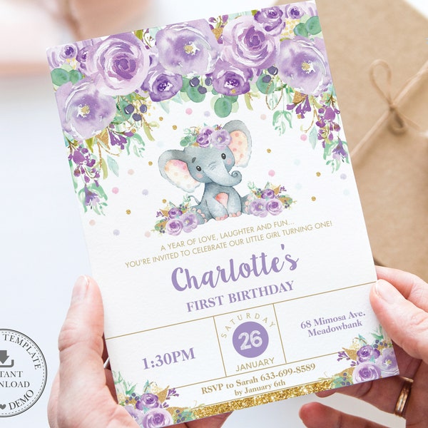 EDITABLE TEMPLATE Elephant Invitation, First 1st Birthday Party Printable, Chic Purple Floral Lilac Glitter Gold Pdf, INSTANT Download, EP9