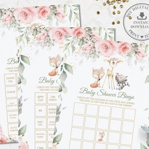 Waldtiere Baby Shower Bingo Spiel, Vorgefüllte Blanko Karten, Baby Mädchen Rosa Blumen Grün aktivität druckbar, SOFORTIGER DOWNLOAD, WG10