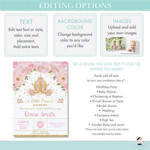 May include: A pink and gold baby shower invitation with a carriage and flowers. The text reads "A Little Princess is on her way!" and "Please join us for a baby shower honoring Eloise Smith".