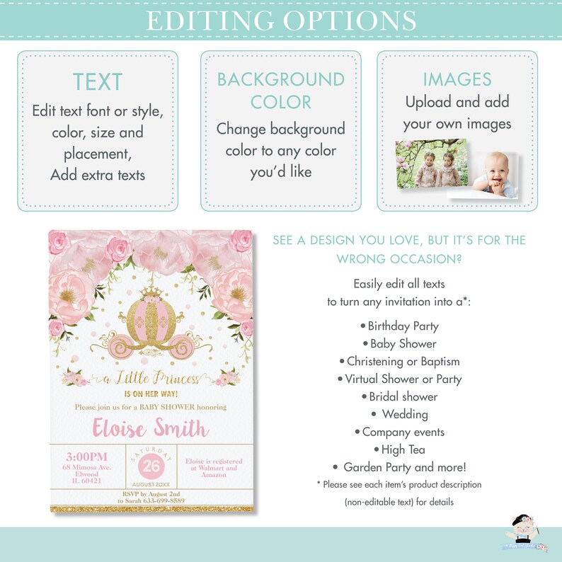 May include: A pink and gold baby shower invitation with a carriage and flowers. The text reads "A Little Princess is on her way!" and "Please join us for a baby shower honoring Eloise Smith".