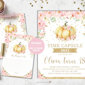 Pequena cápsula do tempo de abóbora e cartão de mensagem, abóbora caprichosa para festa de primeiro aniversário para impressão, aquarela rosa floral, outono outono, dourado, LP1