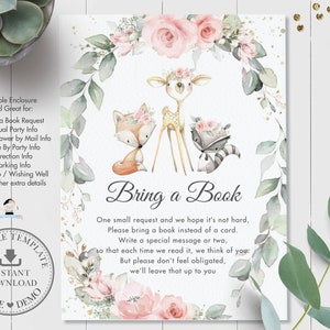 BEWERKBARE SJABLOON Bosdierenboeken voor Baby Insert, Blush Floral Greenery Baby Shower Verjaardag Extra Info Kaart Afdrukbaar, INSTANT WG10