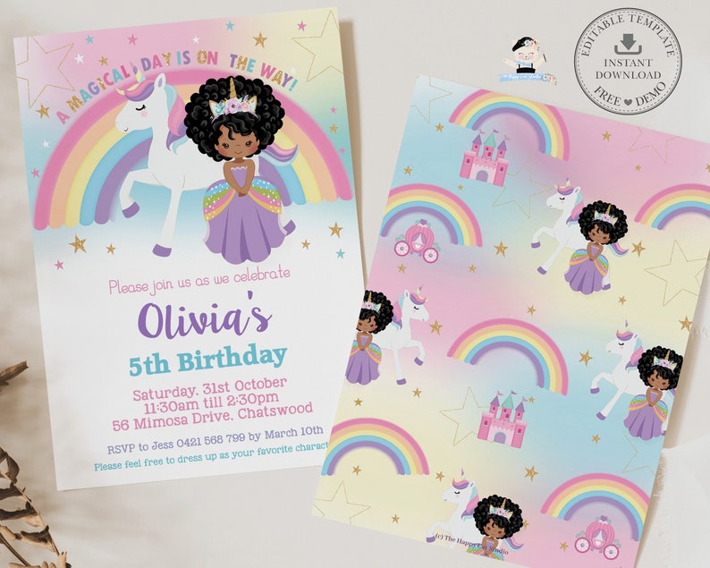 Pu&ograve; includere: Un invito stampabile per una festa di compleanno di 5 anni con un tema di unicorno e arcobaleno. L'invito presenta una ragazza con i capelli castano scuro che indossa un vestito viola e cavalca un unicorno bianco. Lo sfondo &egrave; un arcobaleno pastello con stelle dorate. Il testo sull'invito dice "A Magical Day is on the Way!" e "Olivia's 5th Birthday".