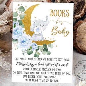 Éléphant mignon sur la lune, livres pour bébé, carte TÉLÉCHARGEMENT IMMÉDIAT, bleu floral verdure, fleurs garçon baby shower, mini inserts imprimables EP19