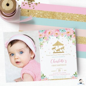 Karusellinbjudan, REDIGERINGSBAR MALL, Karusellkarusellfotoinbjudan för 1-årsfest, Utskrivbar rosa mintblommor, Pdf INSTANT CR2 bild 2
