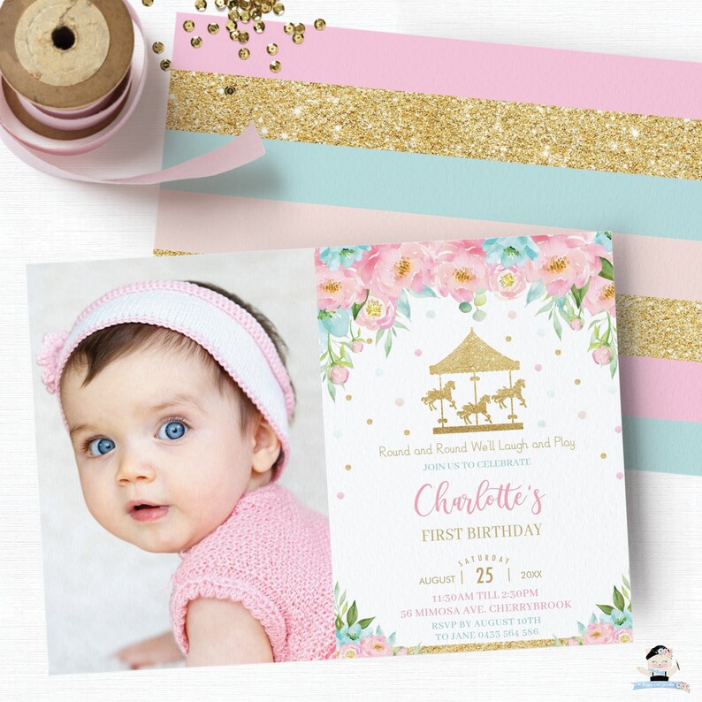 Karusellinbjudan, REDIGERINGSBAR MALL, Karusellkarusellfotoinbjudan för 1-årsfest, Utskrivbar rosa mintblommor, Pdf INSTANT CR2 bild 2
