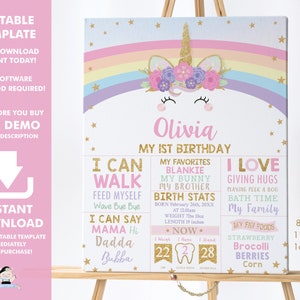 Signo de hito del 1er cumpleaños de unicornio, PLANTILLA EDITABLE, Decoración de carteles de estadísticas de nacimiento de unicornio lindo arco iris imprimible, Arte de pared de guardería, RU1