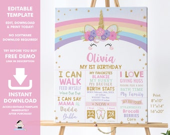 Signo de hito del 1er cumpleaños de unicornio, PLANTILLA EDITABLE, Decoración de carteles de estadísticas de nacimiento de unicornio lindo arco iris imprimible, Arte de pared de guardería, RU1
