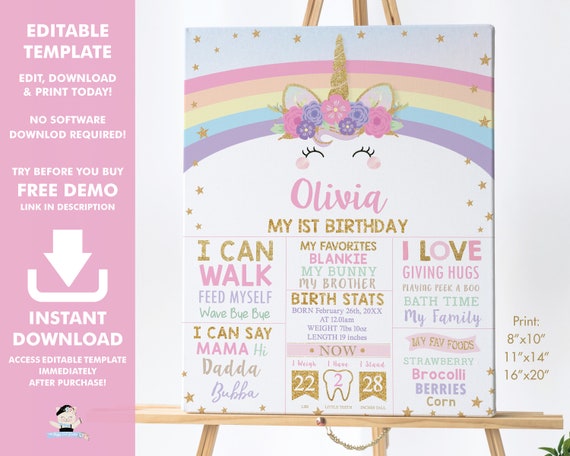 Unicorn 1st Birthday Milestone Sign, EDITABLE TEMPLATE, Rainbow Cute Unicorn Birth Stats Poster Decoration Printable, Nursery Wall Art, RU1 Il_570xn