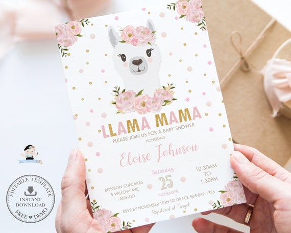 Llama Invitation, EDITABLE TEMPLATE, Instant Download, Llama Baby Shower Invitation, Llama Mama, Chic Blush Pink Floral Gold Glitter, LM1 Il_570xn