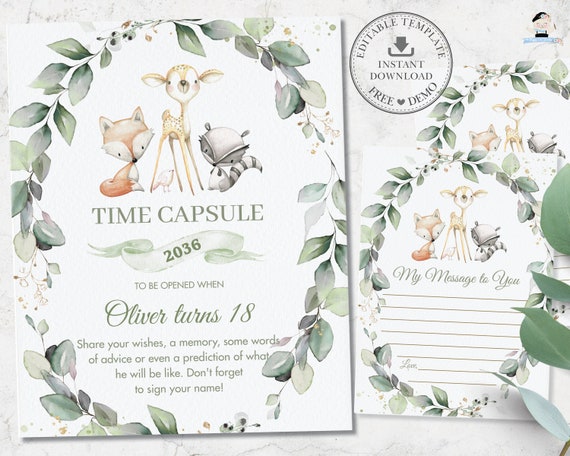 Woodland Animals Time Capsule Sign & Message Card, EDITABLE TEMPLATE, First 1st Birthday Activity, Chic Greenery Printable, INSTANT, WG11 Il_570xn