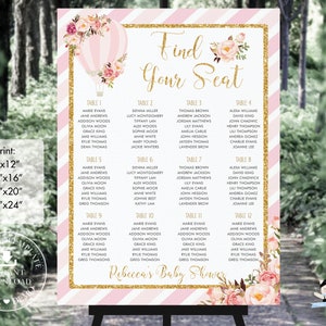 Hete luchtballon roze Blush Floral zitplaatsen grafiek teken, BEWERKBARE SJABLOON, gouden avontuur baby shower verjaardag afdrukbaar, INSTANT Download HB1