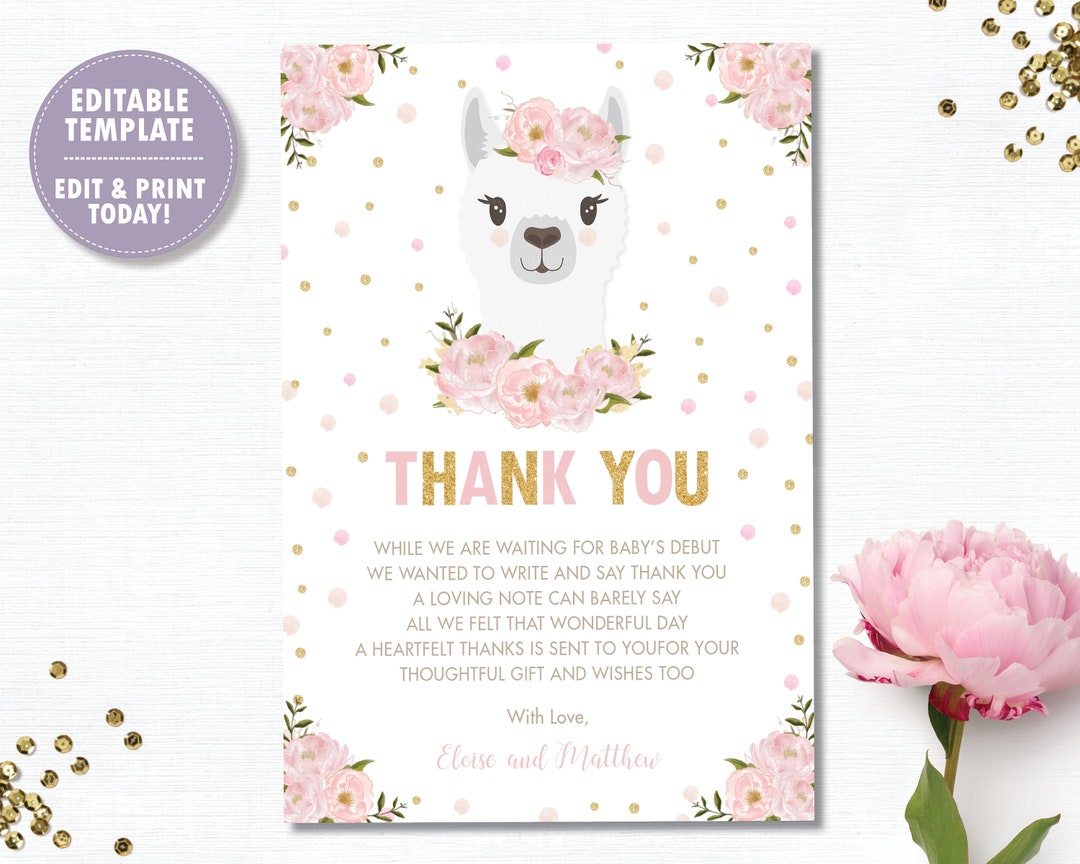 Llama Thank You Card Llama Printable DIY EDITABLE TEMPLATE Etsy