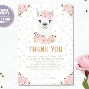 Lama Bedankkaart, Lama afdrukbaar, DIY BEWERKBARE SJABLOON, Lama Baby Shower Bedankkaart, Instant Download, Blush Floral, Goud, LM1