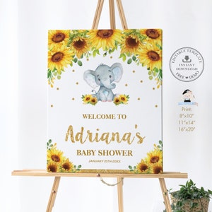 Signo de bienvenida de girasol elefante, PLANTILLA EDITABLE, Descarga instantánea, Decoración del cartel del 1er cumpleaños del baby shower del niño, Floral amarillo rústico, EP8A