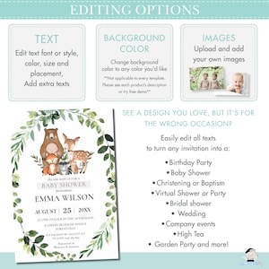 May include: A watercolor illustration of woodland animals, including a bear, fox, deer, and raccoon, surrounded by green leaves. The text "Please join us for a Baby Shower honoring Emma Wilson" is at the bottom of the invitation. The date is August 25, 20XX.