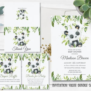 Pacote de convite para chá de bebê Bamboo Greenery Panda, MODELO EDITÁVEL, obrigado, sorteio de fraldas, livros para bebê, download INSTANTÂNEO, PA2