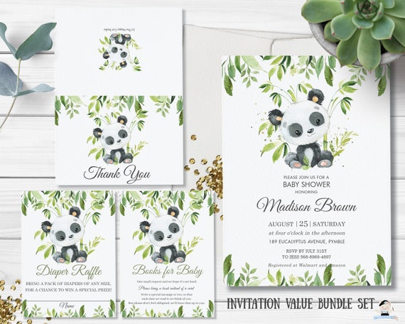Bamboo Greenery Panda Baby Shower Invitation Bundle, EDITABLE TEMPLATE, Thank You, Diaper Raffle, Books for Baby, INSTANT Download, PA2 Il_570xn