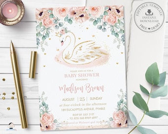 Swan Invitation, EDITABLE TEMPLATE, INSTANT Download, Swan Princess Baby Shower Invitation, Pastel Blush Pink Peach Floral Greenery Gold SW2