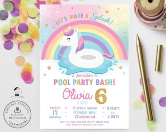 Unicorn Pool Party Invitation, EDITABLE TEMPLATE, Rainbow Cute Unicorn Floatie Swim Birthday Invite Printable, Digital INSTANT Download, UF1