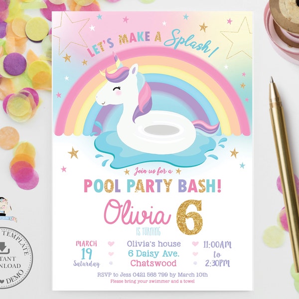 Unicorn Pool Party Invitation, EDITABLE TEMPLATE, Rainbow Cute Unicorn Floatie Swim Birthday Invite Printable, Digital INSTANT Download, UF1