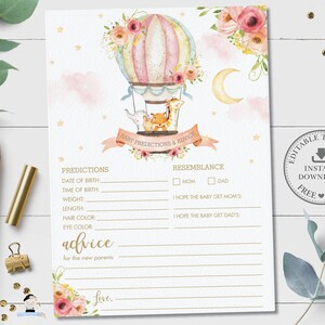 Carte de prédictions et de conseils pour bébé, MODÈLE MODIFIABLE, activité de jeu de douche de bébé animaux ballon à air chaud floral rose, bricolage PDF imprimable, HB7