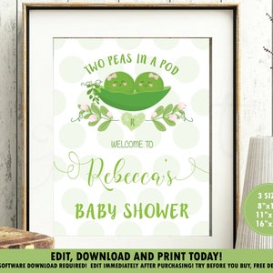 Two Peas in a Pod Baby Shower Welcome Sign, Instant EDITABLE TEMPLATE, Twins Girls Baby Shower Welcome Poster, Decoration, Printable, TP1