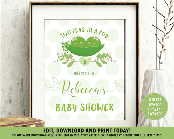 Two Peas in a Pod Baby Shower Welcome Sign, Instant EDITABLE TEMPLATE, Twins Girls Baby Shower Welcome Poster, Decoration, Printable, TP1 Il_570xn