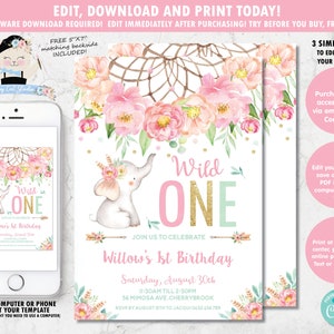 EDITABLE TEMPLATE Wild One Invitation, Elephant Safari Birthday, Boho Pink Floral Dreamcatcher Girl 1st Birthday Invite Printable, Mint, BF2