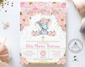 EDITABLE TEMPLATE Elephant Baptism Invitation, Jungle Christening Invite Printable, Girl Pink Blush Floral Glitter Gold INSTANT Download EP5