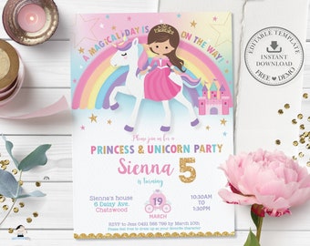 EDITABLE TEMPLATE Princess and Unicorn Birthday Party Invitation, Brown Hair Brunette Rainbow Castle Fairytale Invite Printable File, PU1