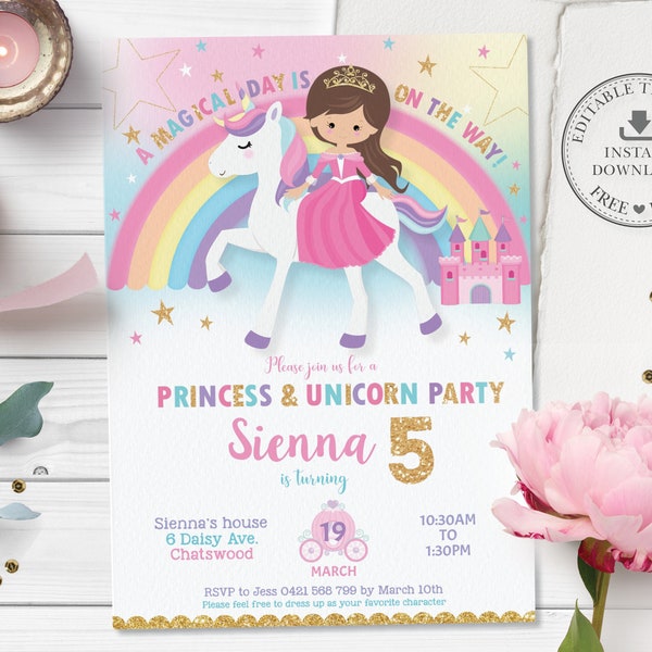EDITABLE TEMPLATE Princess and Unicorn Birthday Party Invitation, Brown Hair Brunette Rainbow Castle Fairytale Invite Printable File, PU1
