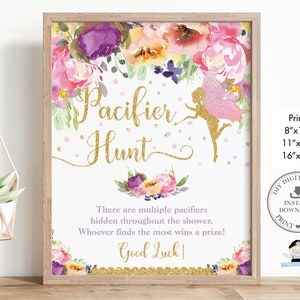 Fairy Pacifier Hunt Game Sign, INSTANT DOWNLOAD, Chic Pink Purple Pink Floral Gold Fairies Baby Shower Fun Activity, Diy PDF Printable, FF2