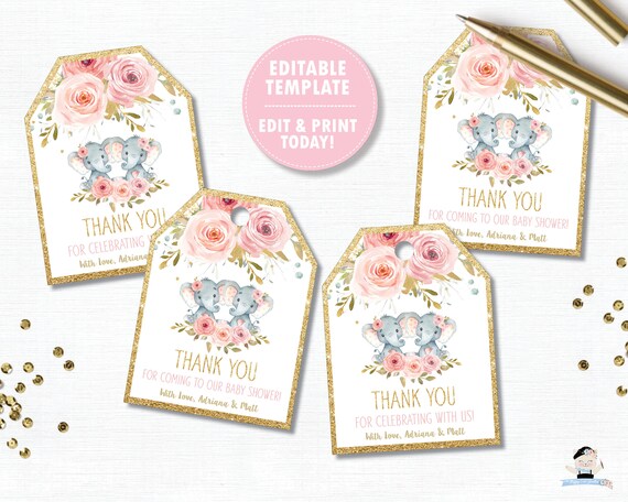 Editable Template Elephant Twins Baby Shower Thank You Gift Favor Tags Birthday Printable Twin Girls Pink Roses Blush Floral Gold Pk2 By The Happy Cat Studio Catch My Party
