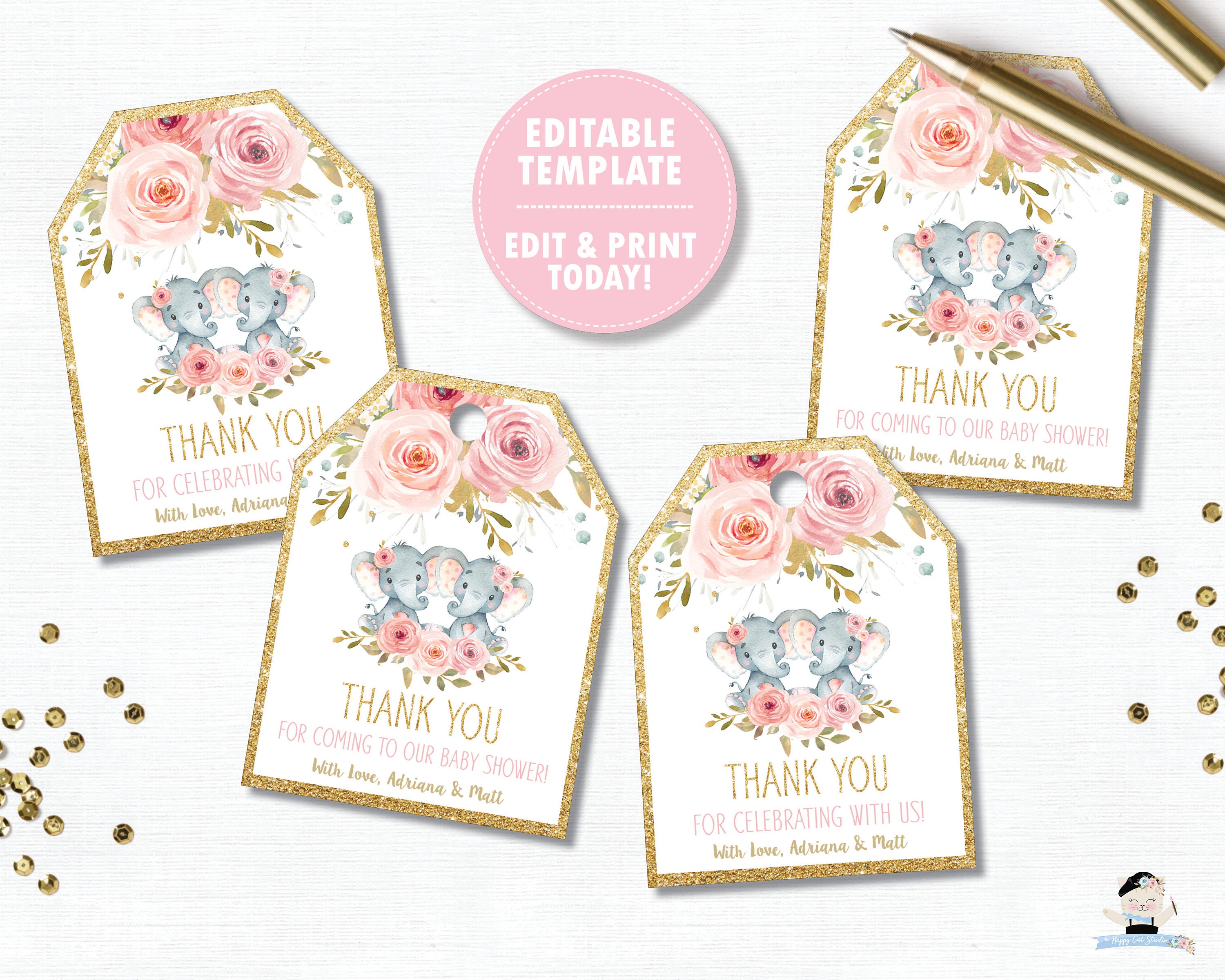 EDITABLE TEMPLATE Elephant Twins Baby Shower Thank You Gift - Etsy