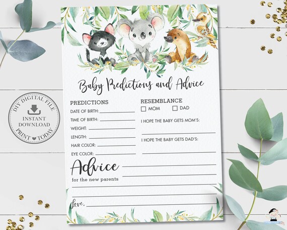 Baby Predictions and Advice Card, INSTANT DOWNLOAD, Greenery Australia Animals Neutral Baby Shower Game Activity, Diy PDF Printable, AU1 Il_570xn