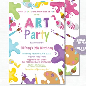 Może przedstawiać: Edytowalny szablon zaproszenia na imprezę artystyczną z kolorowymi plamami farby, pędzlami i paletą. Tekst brzmi "Let's CREATE and have lots of FUN! at our ART Party as we celebrate Tiffany's 9th Birthday. Saturday, February 25th 20XX 10:30am to 12:30pm Happy Cat Art Studio 1156 Jacaranda Ave. Chatswood RSVP by 10th February to Adriana 0432 468 989 Come dressed for messy fun! EDITABLE TEMPLATE EDIT & PRINT TODAY!"