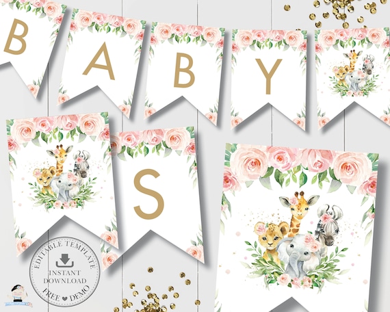 Jungle Animals Flag Banner, EDITABLE TEMPLATE, Blush Pink Floral Safari Bunting Baby Shower Birthday Decor Printable, INSTANT Download, JA6 Il_570xn