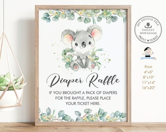 Koala Diaper Raffle Sign, INSTANT DOWNLOAD, Australian Eucalyptus Greenery Neutral Boy Baby Shower Diapers Activity Diy PDF Printable, AU2