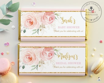 Blush Floral Chocolate Bar Wrappers, EDITABLE TEMPLATE, Hershey's Aldi Favor, Pink Flower Printable, Bridal Baby Shower Birthday INSTANT PK5