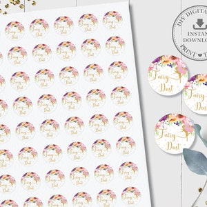 Fairy Dust 1" Round Labels,  Fairy Dust Sticker Thank You Favors, Purple Pink Floral 1st Birthday Party, Gold Glitter, INSTANT Download, FF2