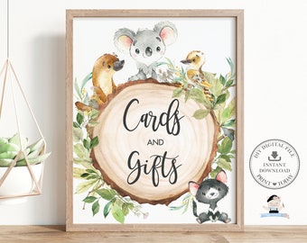 Australian Animals Cards and Gifts Sign Printable, INSTANT DOWNLOAD, Rustic Greenery Wood Slice Koala Baby Shower Birthday Party Decor, AU1