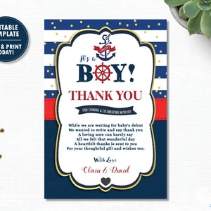 Nautical Baby Shower Thank You Card, EDITABLE TEMPLATE, Ahoy It's a Boy Thank You Note, Sailor, Nautical Printable, Instant Download, NT1 image 1