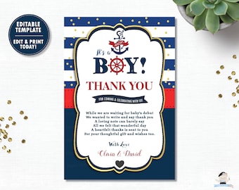 Nautical Baby Shower Thank You Card, EDITABLE TEMPLATE, Ahoy It's a Boy Thank You Note, Sailor, Nautical Printable, Instant Download, NT1
